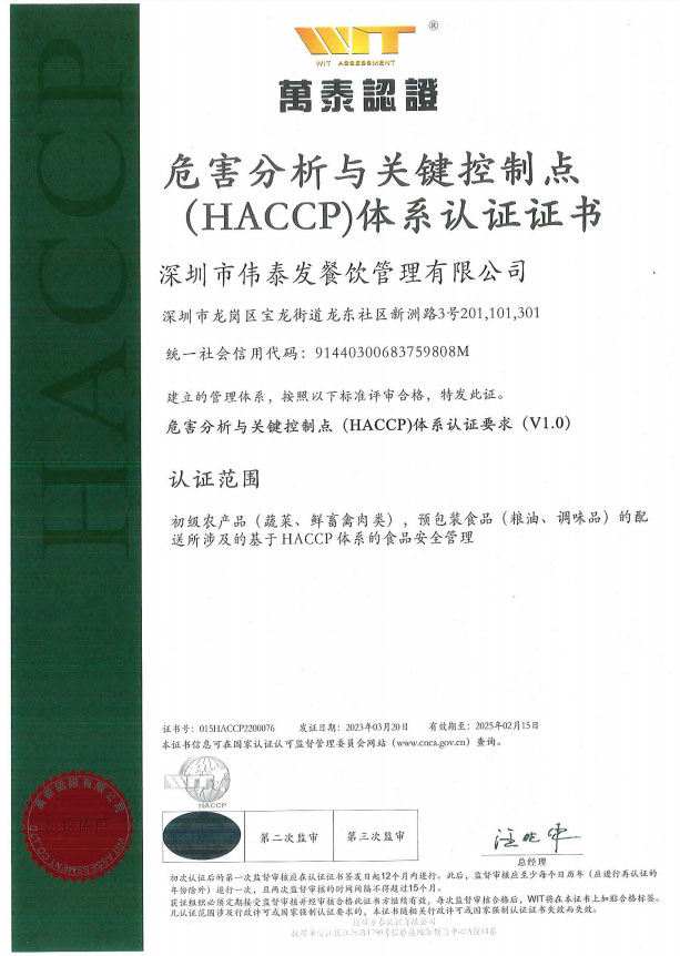危害分析與關(guān)鍵控制點(diǎn)（HACCP）體系認(rèn)證證書(shū)-深圳市偉泰發(fā)餐飲管理有限公司
