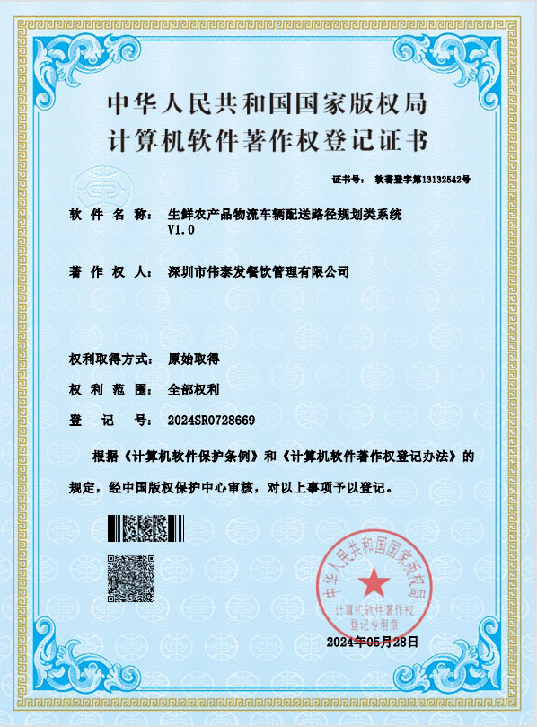 生鮮農(nóng)產(chǎn)品物流車(chē)輛配送路徑規(guī)劃類(lèi)系統(tǒng)V1.0-深圳市偉泰發(fā)餐飲管理有限公司