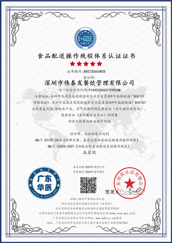 食品配送操作規(guī)程5星級(jí)認(rèn)證-深圳市偉泰發(fā)餐飲管理有限公司